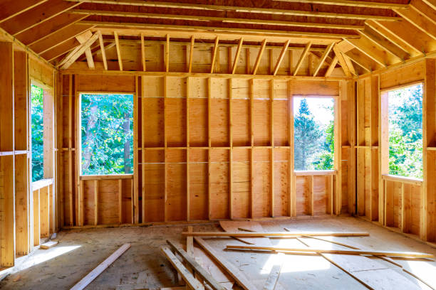 istock Wooden elements interior of new house under construction with framing beams 1641236909