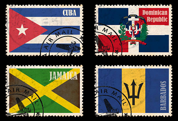 conjunto de selos com bandeiras do caribe - mail postage stamp postmark jamaica - fotografias e filmes do acervo