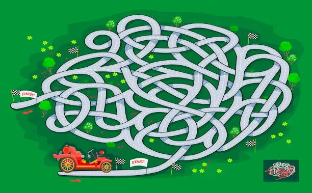 Vector illustration of Logic puzzle game with labyrinth for children and adults. Help the rally car find the way from start to finish. Worksheet for kids brain teaser book with maze. Play online. Flat cartoon illustration.