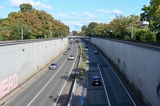 Duesseldorf, August 12, 2023 - Entrance and exit ramp to the Rheinalleetunnel in Duesseldorf Oberkassel.