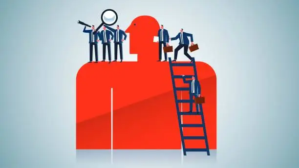 Vector illustration of Succeeding like a giant, the vision or foresight of a giant, learning from big business, improving career or business skills and efficiency, businessmen have climbed on the shoulders of giants to look into the distance