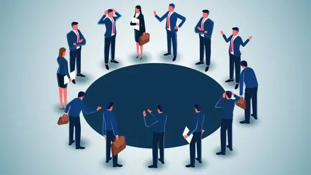 Vector illustration of Risk Management, Evaluation and Analysis, Problem Analysis or Decision Making Discussion, A group of businessmen standing at the edge of a dark cave discussing and analyzing