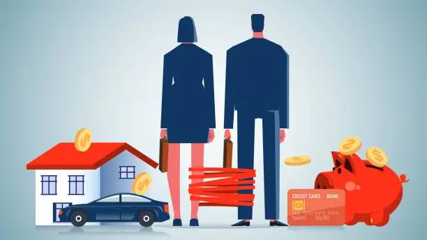 Vector illustration of Husband and wife or couple with shared finances or debts, shared household finances, household consumer loans, male businessman female businesswoman with legs tied together standing next to the house savings jar credit card and car