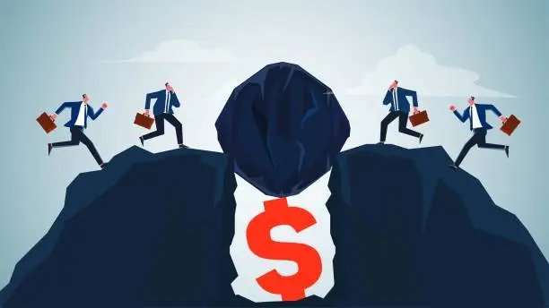 Vector illustration of How to get money, setbacks, difficulties or problems in business development or career advancement, huge rocks on the top of the mountain blocking the way for businessmen to pick up money