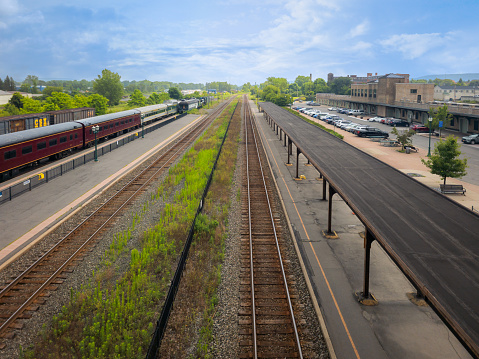 Utica, New York - July 26, 2023: Ultra Wide View of Utica Union Station Railroad Track.