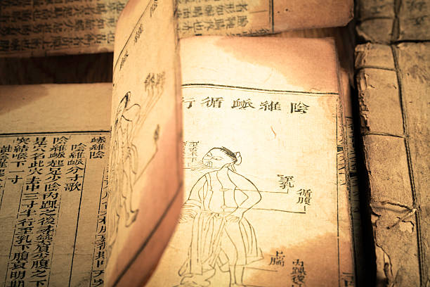 Old medicine book from Qing Dynasty this is very old Chinese traditional herbal medicine ancient book(Golden Mirror of Medicine),from qing dynasty have more than 200 years(maybe 18th century).the book records the use of acupuncture,herbal medicine and book of changes with chinese script.It is preserved complete by one chinese doctor of my grandfather. chinese script photos stock pictures, royalty-free photos & images