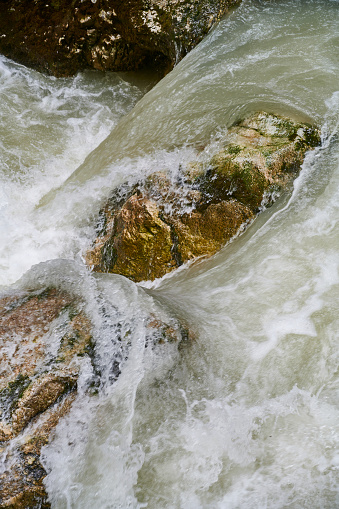 A stream at The Tolmin Gorge, locally known as Tolminka and Zadlaica Gorges, a popular tourist destinaton in the Triglav National Park. Tolmin Municipality. Gorizia Region. Slovenia.