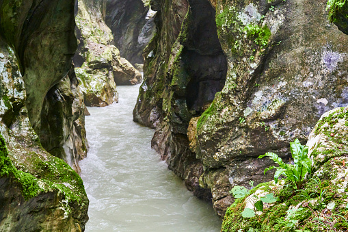 The Tolmin Gorge, locally known as Tolminka and Zadlaica Gorges, a popular tourist destinaton in the  Triglav National Park. Tolmin Municipality. Gorizia Region. Slovenia.
