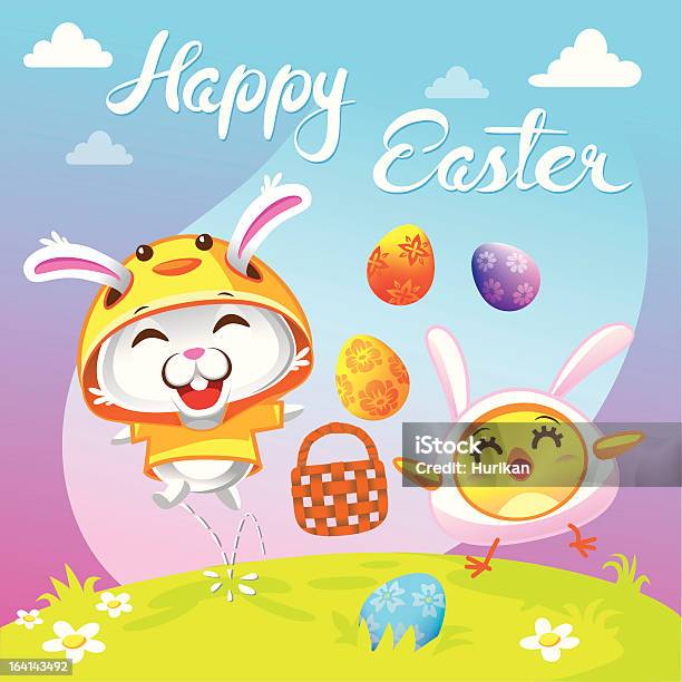 Ostern Wünschen Festliche Grüße Von Bunny And Chicken Stock Vektor Art und mehr Bilder von Osterhase