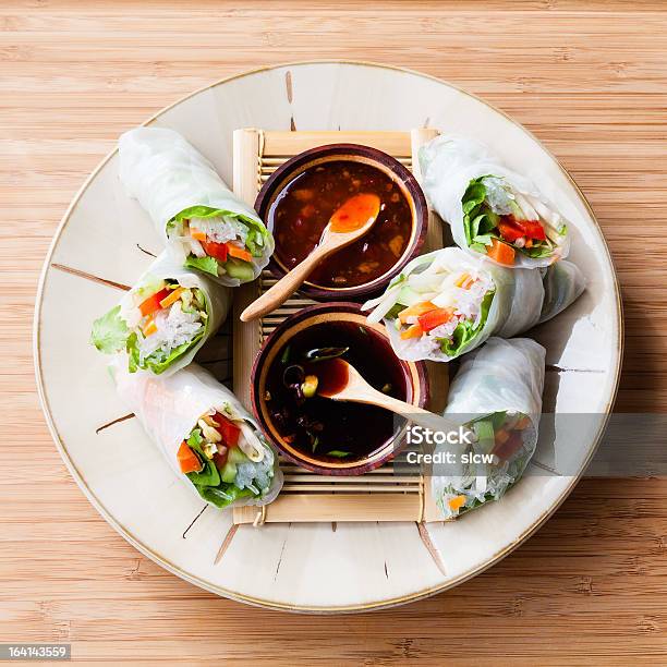 Spring Rolls With Dipping Sauce Stock Photo - Download Image Now - Bean Sprout, Carrot, Cilantro