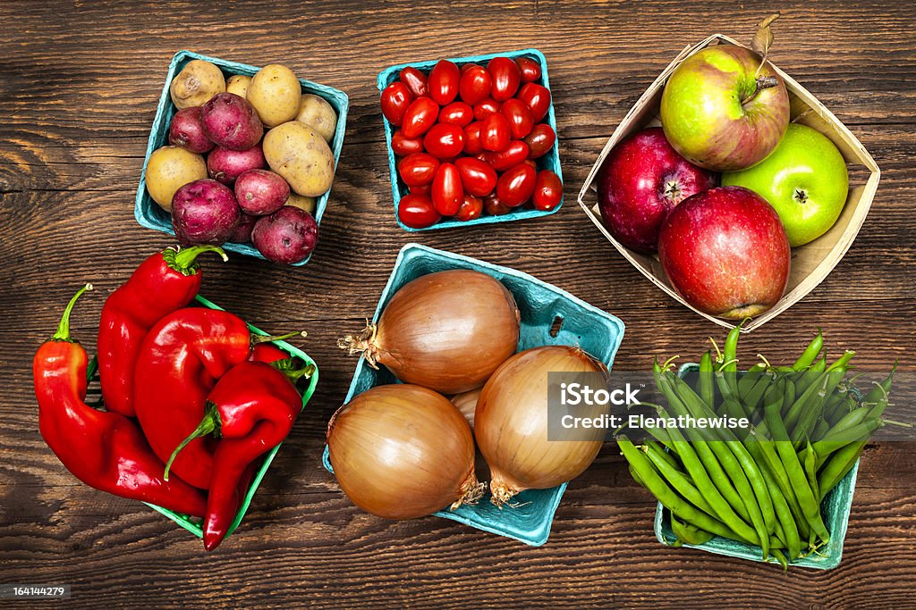 Market fruits and vegetables Fresh farmers market fruit and vegetable produce from above Apple - Fruit Stock Photo