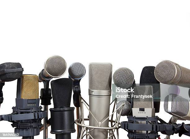 Conference Meeting Microphones On White Background Stock Photo - Download Image Now - Arts Culture and Entertainment, Audio Equipment, Close-up