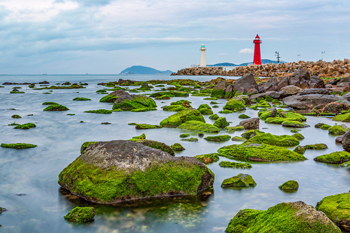 August, 2017: Photographing the lighthouse and the sea view of Cheongsapo, Busan, South Korea