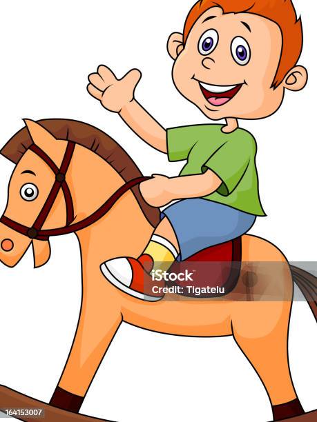 Kreskówka Chłopiec Konna Zabawka Konia - Stockowe grafiki wektorowe i więcej obrazów Brązowy - Brązowy, Chłopcy, Dowcip rysunkowy