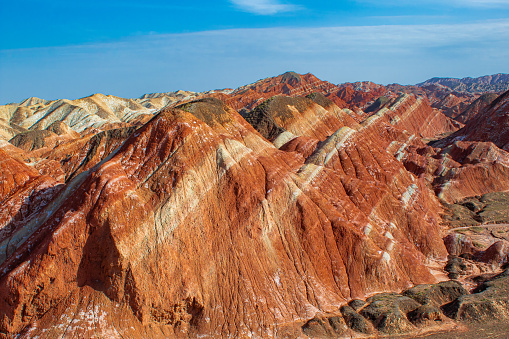 Close up on Rainbow mountain. Zhangye Danxia National Geopark, Gansu, China. Colorful landscape. Background image with copy space for text