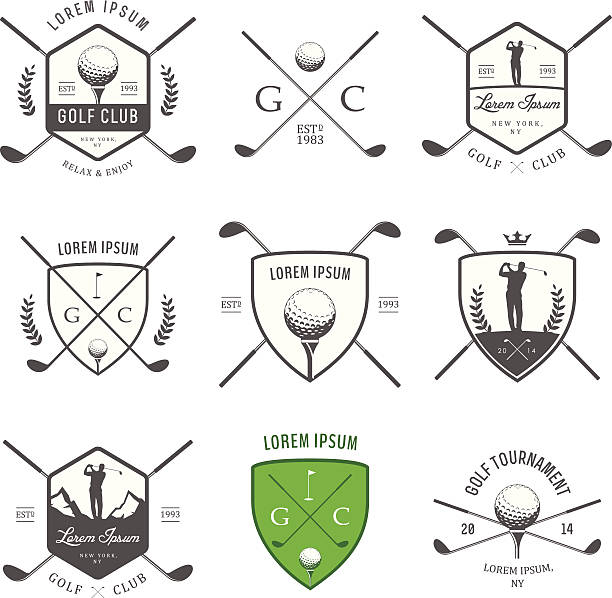 ilustrações, clipart, desenhos animados e ícones de conjunto de etiquetas vintage de golfe, emblemas e emblems - golf flag putting green sport