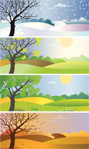 illustrazioni stock, clip art, cartoni animati e icone di tendenza di four seasons - horizon over land summer spring season