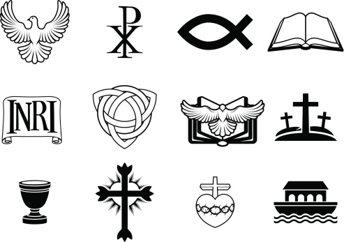 A set of Christian icons and symbols, including dove, Chi Ro, fish symbol, bible, INRI sign, trinity christogram, cross, communion cup, ark and more. Vector file is eps 10 and uses transparency blends and gradient mesh
