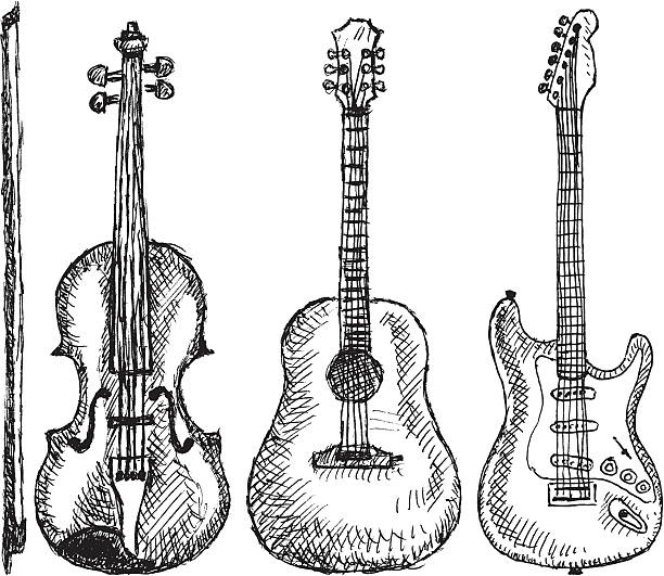 Music instruments "Violin, acoustic guitar, and electric guitar." guitar drawings stock illustrations