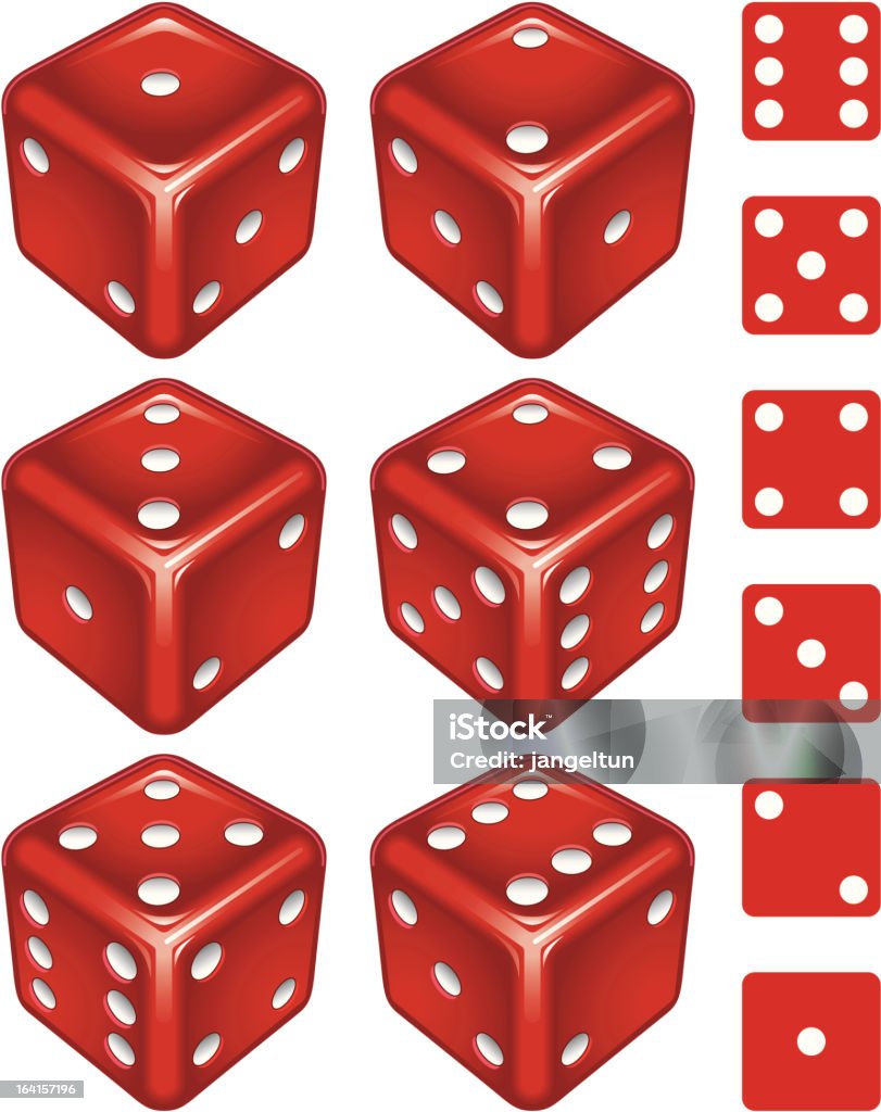 Network says Six red dice. All sides of the dice showing. Chance stock vector
