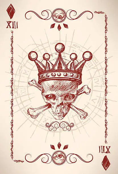 Vector illustration of Red hand-drawn King of Diamonds with skull wearing crown