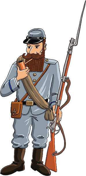 confederate soldier A rebel soldier holds a rifle and smokes his pipe during american civil war manassas stock illustrations