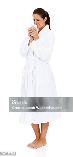 Getting Her Morning Caffeine Fix Stock Photo - Download Image Now - Bathrobe, Women, Cut Out
