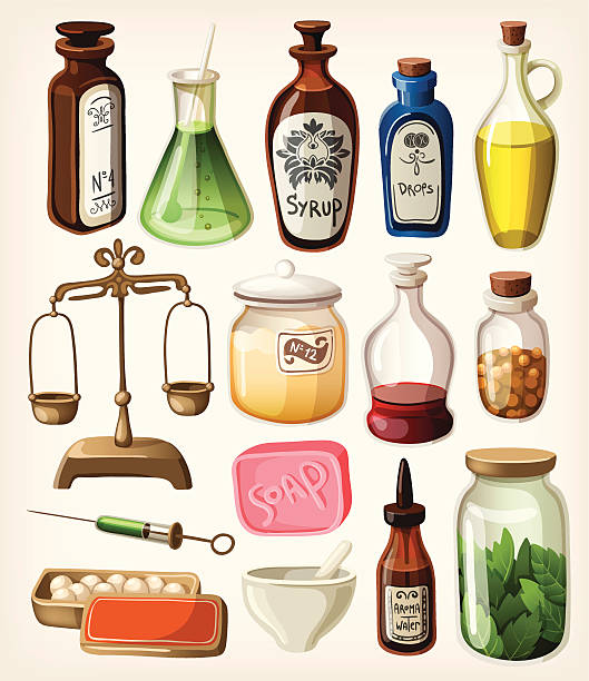 illustrazioni stock, clip art, cartoni animati e icone di tendenza di set di vintage e forniture mediche vettoriale spezie - jar old fashioned bottle glass