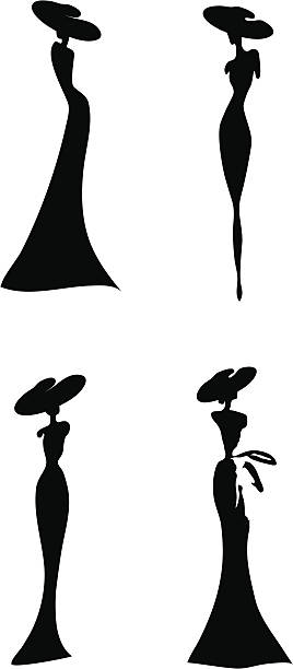women silhouette silhouettes of women in long dresses and hats on a white background diva stock illustrations