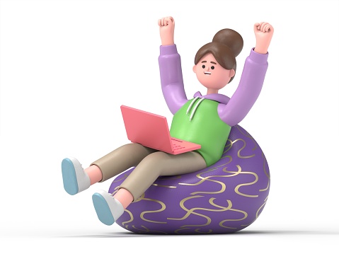 3D illustration of Asian girl Renae in pink sweater sit in bag chair use work on laptop pc computer with outstretched hands finish job.3D rendering on white background.