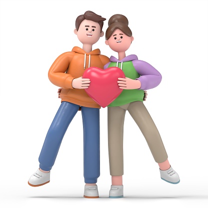 3D illustration of affectionate couple embrace make heart symbol.3D rendering on white background.