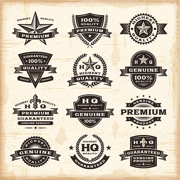 ilustraciones, imágenes clip art, dibujos animados e iconos de stock de conjunto de etiquetas de calidad premium vintage - grunge shield coat of arms insignia