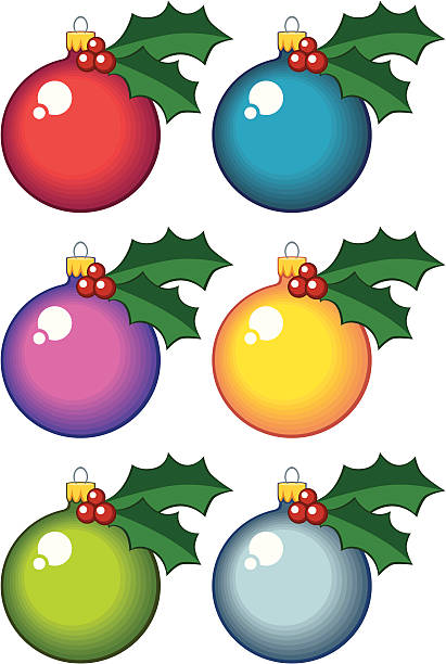 Christmas balls with green holly vector art illustration