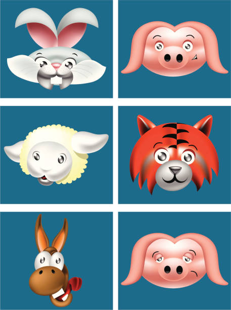 "Fun cartoon characters - rabbit,pig,lamb,tiger and donkey heads.  Two of pig, one unhappy or dopey looking"
