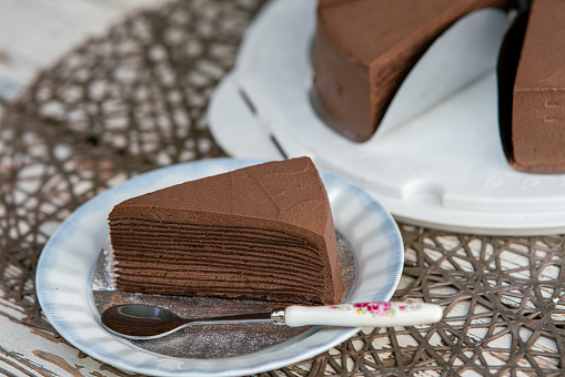 piece of slice of dark chocolate crepe cake