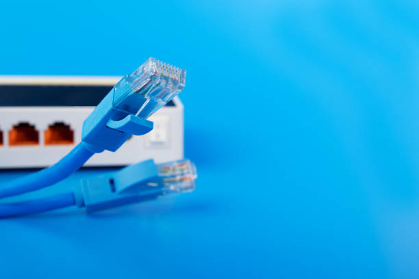 istock Internet router, digital communication, wi fi, wired connection, blue background 1641659227