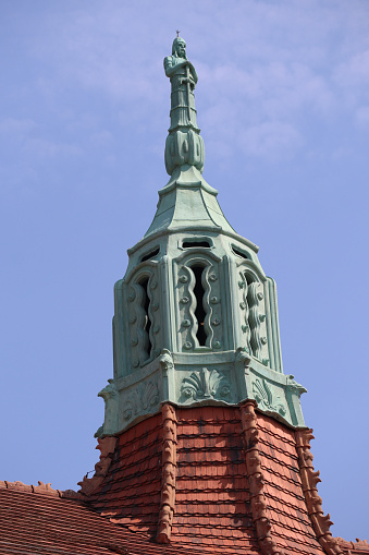 New Castle, DE, USA - September 23, 2015: The spire on top of the Court House, Delaware's colonial capitol, was used as the center of the Twelve-Mile Circle forming the northern boundary of Delaware.