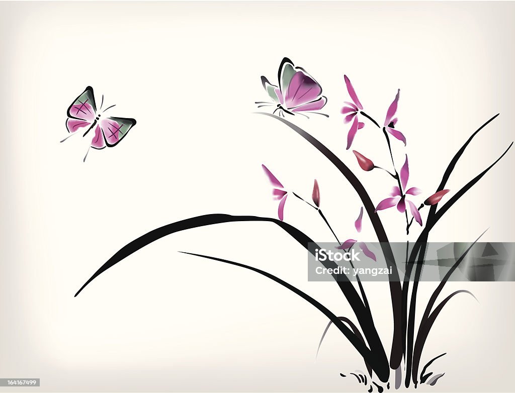 Chinesische Orchideen und Schmetterling Tinte Stil - Lizenzfrei Chinesische Kultur Vektorgrafik