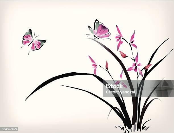 Chinesische Orchideen Und Schmetterling Tinte Stil Stock Vektor Art und mehr Bilder von Chinesische Kultur - Chinesische Kultur, Schmetterling, Gemälde