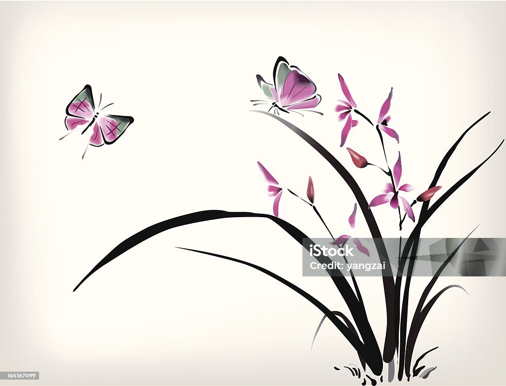 Chinês orquídea e borboleta estilo de tinta - Vetor de Borboleta royalty-free