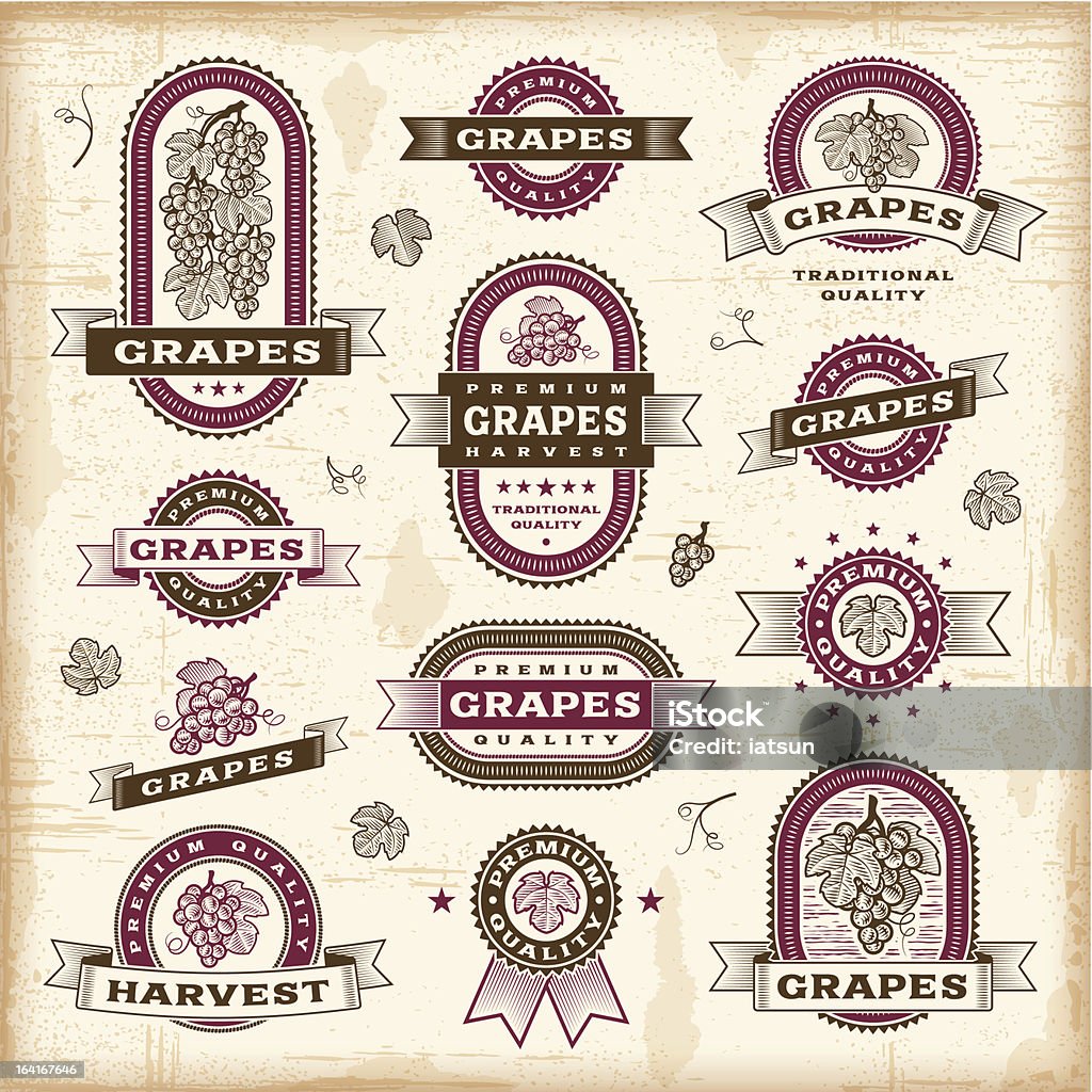 Conjunto de etiquetas Vintage uvas - arte vectorial de Sello de caucho libre de derechos