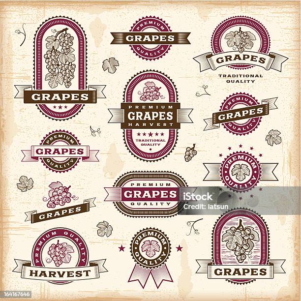 Etykiety Zestaw Vintage Winogron - Stockowe grafiki wektorowe i więcej obrazów Pieczęć gumowa - Pieczęć gumowa, Liść winogrona, Winogrono