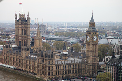 London Westminster palace Big Ben aerial view