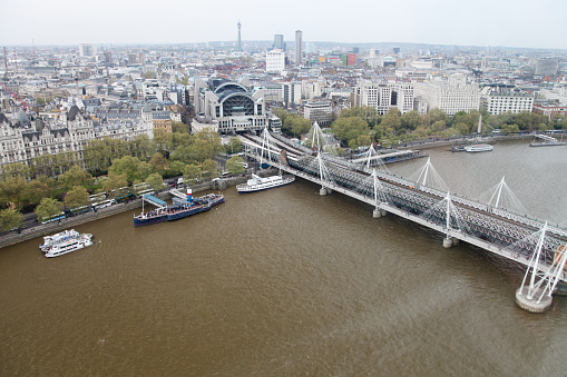 London Hungerford bridge and Golden Jubilee bridge aerial view