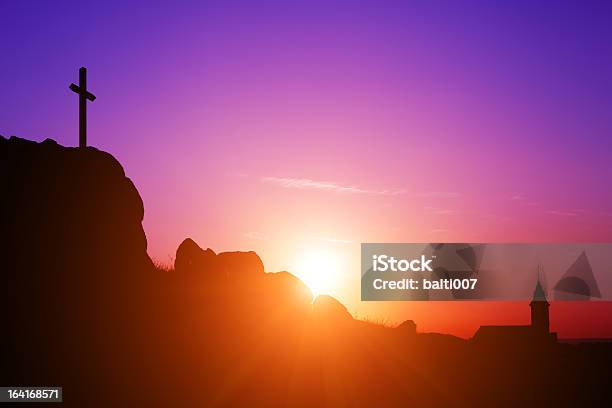 Cross Church And Sunrise Stock Photo - Download Image Now - Purple, Religious Cross, Crucifix