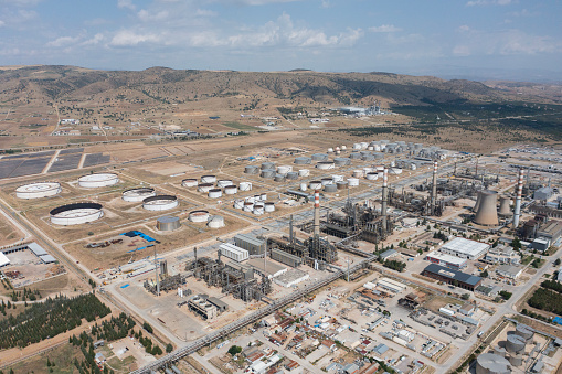 Aerial View of Petrochemical plant. Aerial View of Oil or petroleum storage tanks.