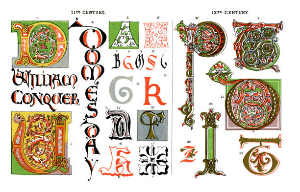 ilustrações de stock, clip art, desenhos animados e ícones de letras iluminada - medieval ornate alphabet circa 11th century