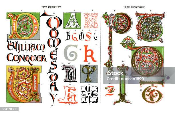 Средневековая Иллюминация Буквами — стоковая векторная графика и другие изображения на тему Инициал - Инициал, Буква Q, Буква C