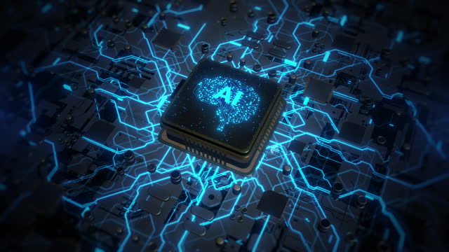 Brain central processor unit on circuit board, Artificial intelligence AI, deep learning modern computer technology. Futuristic Cyber Technology Innovation, 3D render background
