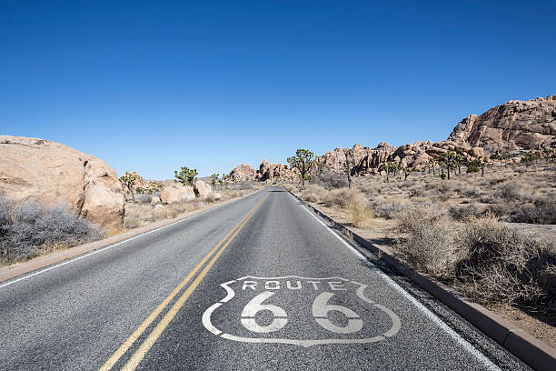 юкка коротколистная пустыня шоссе с маршрут 66 знак - route 66 thoroughfare sign number 66 стоковые фото и изображения